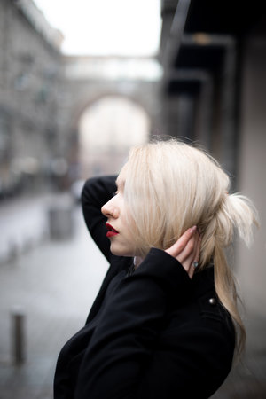 hair protection from bad weather blonde hair care daily products concept. flawless and neat hair.の写真素材