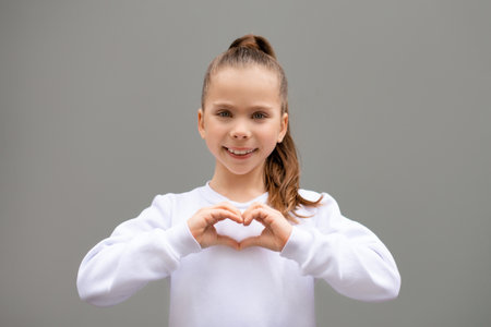 child girl looking at camera and make shape of heart with hands on gray backgroundの写真素材