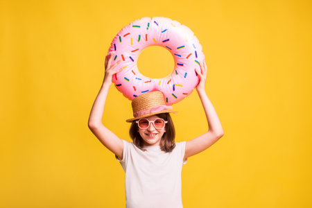 girl in white T-shirt mockup holding pink inflatable ring under head on yellow backgroundの写真素材