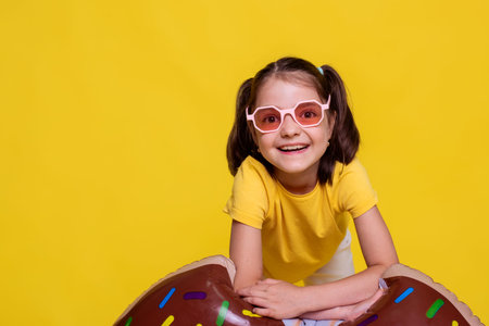 portrait of child girl with hairstyle two tails in pink sunglasses in yellow T-shirt over yellow summer backgroundの写真素材