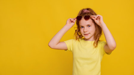 sunny preteen girl in yellow t-shirt mock up on yellow background. girl puts on or takes off glassesの写真素材