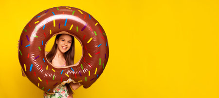 summer banner girl in tropical swimsuit holding inflatable donut ring. teen swimming ringの写真素材