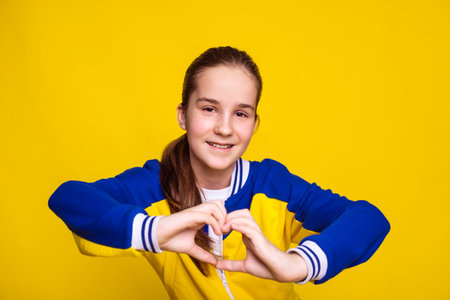 favorite sport, training and healthy lifestyle, teen girl show gesture heart over yellow backgroundの写真素材