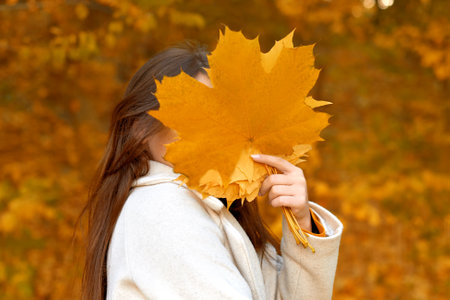 unrecognizable woman hide face behind fallen leaves bouquet in fall park outdoorsの写真素材