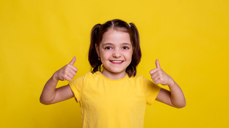 child girl in mockup yellow T-shirt show thumb up and looking at camera on bright yellow background. studio advertising photoshootの写真素材