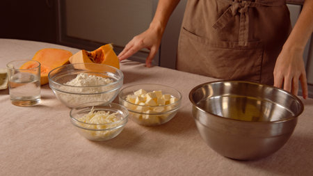 woman ready chef for making pumpkin pie at home. Homemade cooking