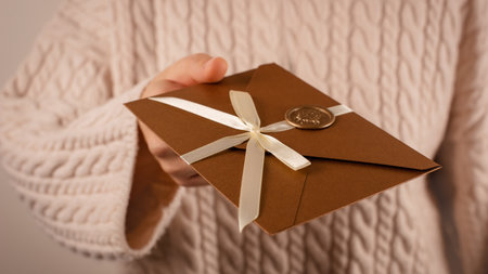 banner woman gives Gift Certificate, bronze envelope invitation card for holidayの写真素材