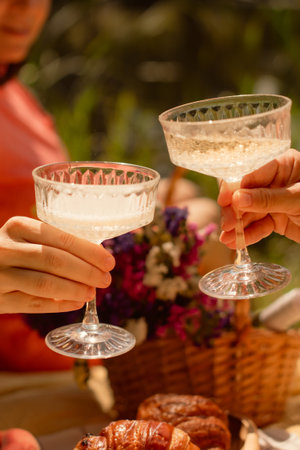 women celebrating friendship with drinking champagne, white wine by the lake