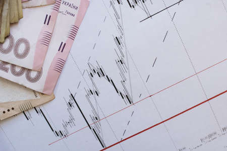 Stock market chart on Forex Charts and money Live online screen. Stock market finance graph. Stock exchange market. Professional bank broker workstation. Graph background. Forex trade.の写真素材