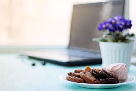 Plate of cookies with chocolate fudge and marshmallow on a background of mint-colored wooden textureの写真素材