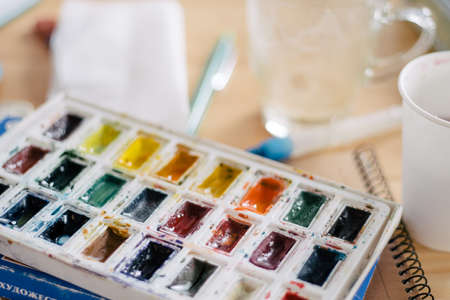 Watercolor painting color, plastic easel creativity,  indoorsの写真素材