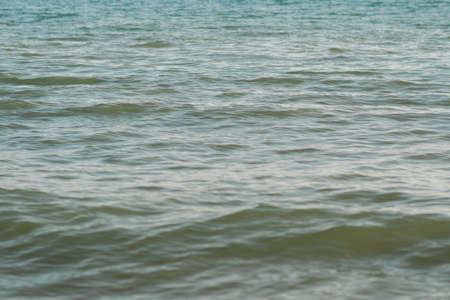 Sea sandy beach with surf at sunsetの写真素材