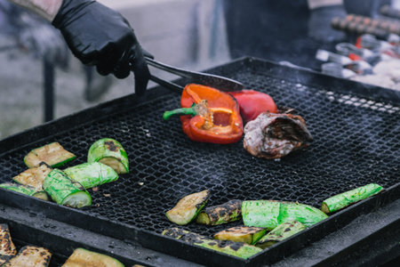 Grilled vegetable and meat skewers in a herb marinade on a grill pan, top viewの写真素材