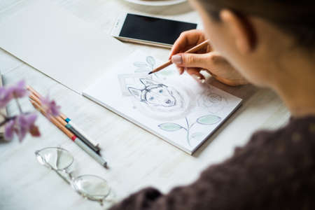 A girl is painting with pencils Husky on a white sheetの写真素材