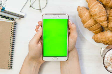 Beautiful girl holding a smartphone in the hands of a green screen green screen, hand of man holding mobile smart phone with chroma key green screen on white background, new technology conceptの写真素材