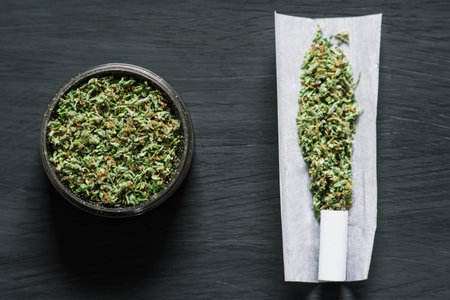 Grinder with crushed cannabis flowers and not twirled jamb on the background of a black wooden table