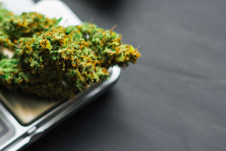 Cones of cannabis flowers lie on the scales close upの写真素材