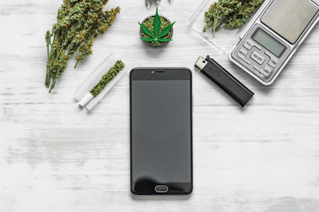 Sticky buds of marijuana flowers with cannabis trihoma, cannabis leaf, the concept of medical use THC and CBDの写真素材