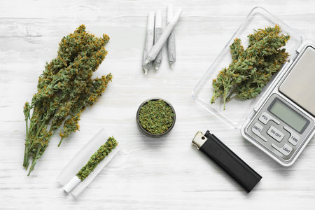 Sticky buds of marijuana flowers with cannabis trihoma, cannabis leaf, the concept of medical use...