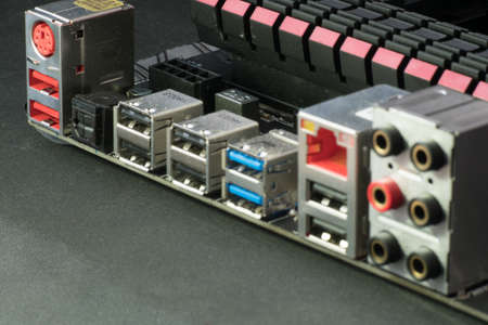 Ports of new, modern computer motherboard, isolated on white background.の写真素材