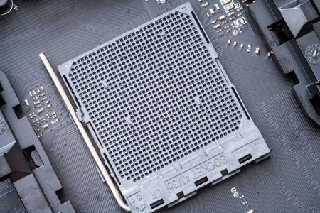 CPU socket and processor on the motherboard. Focus on the motherboard.