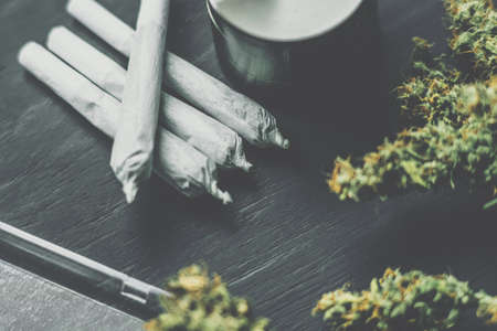 Cones of cannabis flowers lie on the scales close upの写真素材