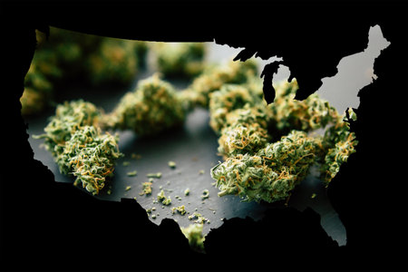 Macro of marijuana bud with trichomes and crushed weed for chopping a canabis on a black table close upの写真素材