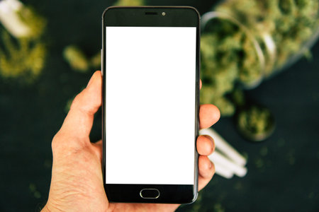 Mokcap Smartphone with white screen for ?hroma key, chromakey against the background of cannabis...