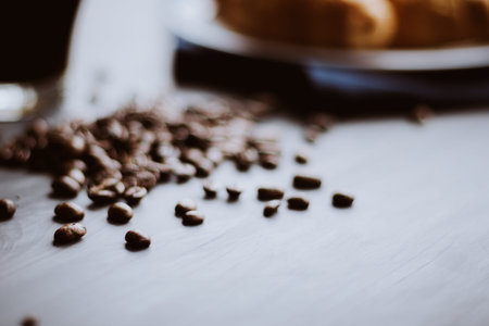 The concept of breakfast. Dessert and coffee beans.