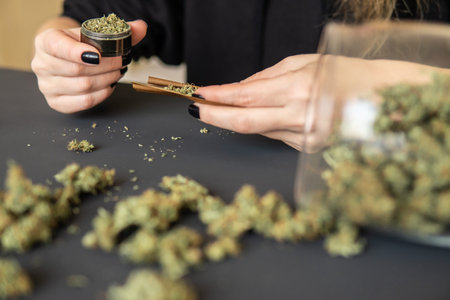 Close up of marijuana blunt with grinder. Woman preparing and rolling marijuana cannabis joint. Close up Woman rolling a marijuana joint. Pot use concept.の写真素材