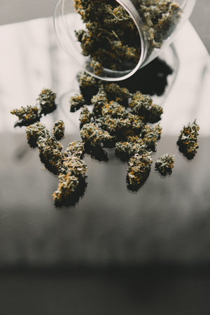 Cannabis buds in hand on black background Background for Copy space. CBD and THC on buds in cannabis. Blunt and Lighters. Close up. Herb grinder Fresh marihuana.の写真素材