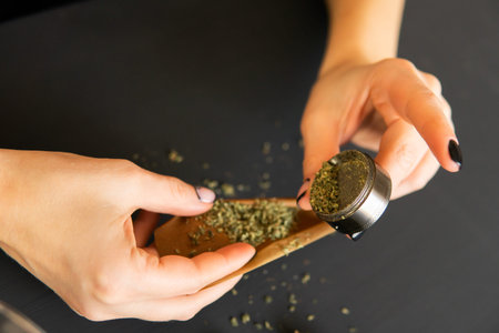 Close up of marijuana blunt with grinder. Woman rolling a marijuana joint. Marijuana use concept. Woman preparing and rolling marijuana cannabis joint.の写真素材