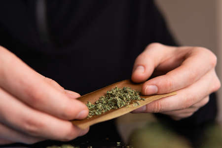 Man rolling marijuana cannabis blunt. Close up marijuana joint with lighter. Man rolling a marijuana weed blunt.の写真素材