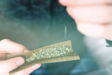 Close up of addict lighting up marijuana Blunt with lighter. Man rolling a marijuana Blunt Drug use. Drugs narcotic concept. Close up . Man preparing and rolling marijuana cannabis Blunt.の写真素材