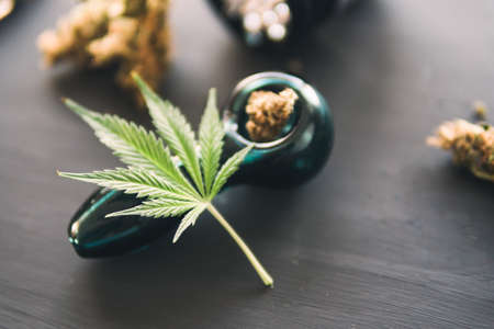 CBD and THC on buds in cannabis. Marijuana smoking pipeの写真素材