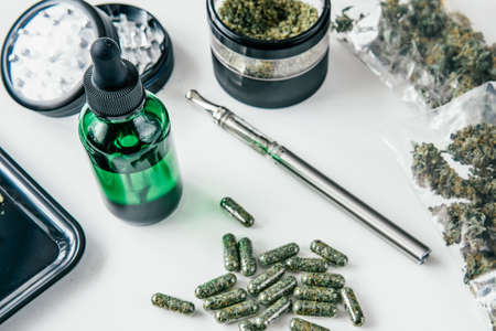 product of cannabis. medical marijuana concept. Cannabis oil in pipette, natural herbの写真素材