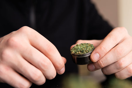 Man rolling a marijuana weed blunt. Close up marijuana joint with lighter. Man rolling marijuana...