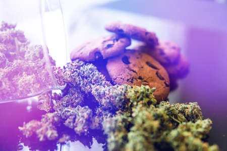 Treatment of medical marijuana for use in food, black background. Cookies with cannabis and buds of marijuana on the table. Concept of cooking with cannabis herb. light leaksの写真素材