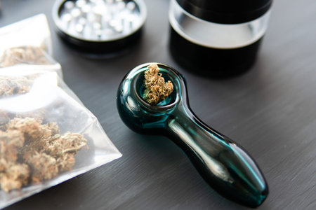 CBD and THC on buds in cannabis. Cannabis buds on black woodの写真素材