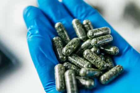 THC CBD cannabis. close up, product of hemp, medical marijuana . Pills with cannabis in the hands of a doctor.の写真素材