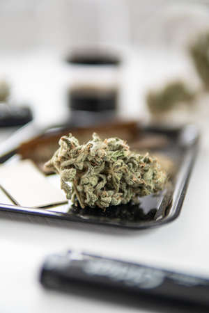 Sativa Indica medical health. White background. Marijuana nature bud. THC CBD. The pot leaves on buds. Cannabis weed bud and grinder.の写真素材