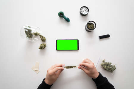 Smartphone mockup Green screen. Marijuana nature. White background. Top view. Sativa medical health. The sugar pot leaves on buds. Mans hands marijuana bud. CBD THC herb. cannabis buds in grinder.の写真素材