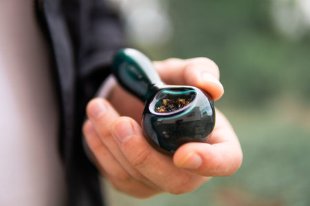 Indica medical health. Sativa THC CBD. The pot leaves on buds. Cannabis nature bud. Smoking pipe in hand. Marijuana weed bud and grinder.の写真素材