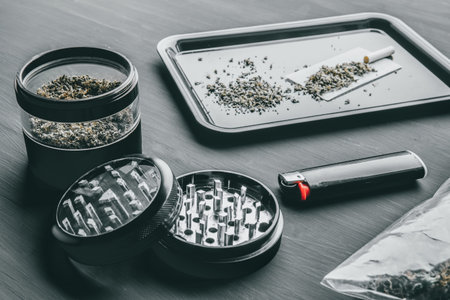 Herb grinder Fresh marihuana. Hemp legalisation. CBD and THC