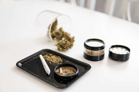 Kief in grinder Close up vertical shot. White background. Grinder and cannabis weed bud. Marijuana nature bud. The pot leaves on buds THC CBD. Indica Sativa medical health.の写真素材