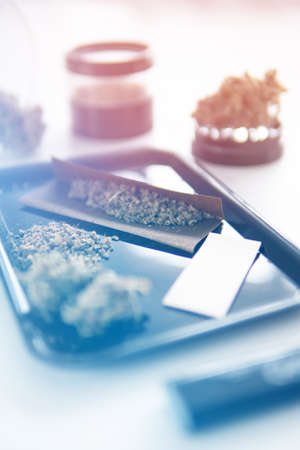 Marijuana nature bud. The pot leaves on buds. White background. Cannabis weed bud and grinder. THC CBD. Sativa Indica medical health. Light leaks tonedの写真素材