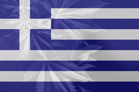 leaf of cannabis marijuana on the flag of Greece. Medical cannabis in the Greece. Cannabis legalization in the Greece. Weed Decriminalization in Greece.の写真素材