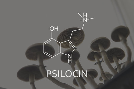 psilocin formula. Psychoactive natural drug. Medical psilocybin and psilocin on the health of Mental health. Recreational use of psilocybin mushrooms. Legalization Medical psychedelic.の写真素材