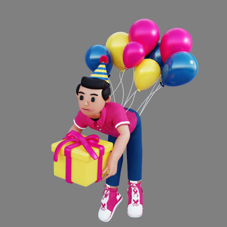 3d character holding gift and floatingの写真素材
