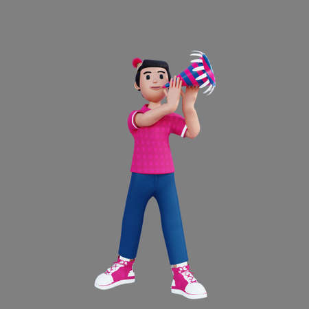 3d character celebrating new year with trumpetの写真素材